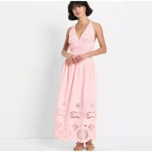 Future Collective Pink Eyelet Smocked Midi Dress Spaghetti Strap Sundress XL new